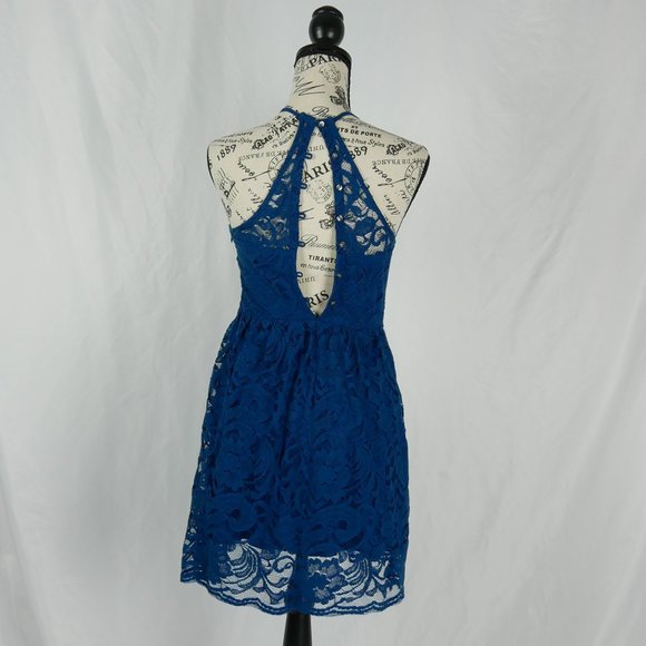 -HOLLISTER- Blue Lace Overlay Halter Dress Formal Evening Wedding - Picture 4 of 5